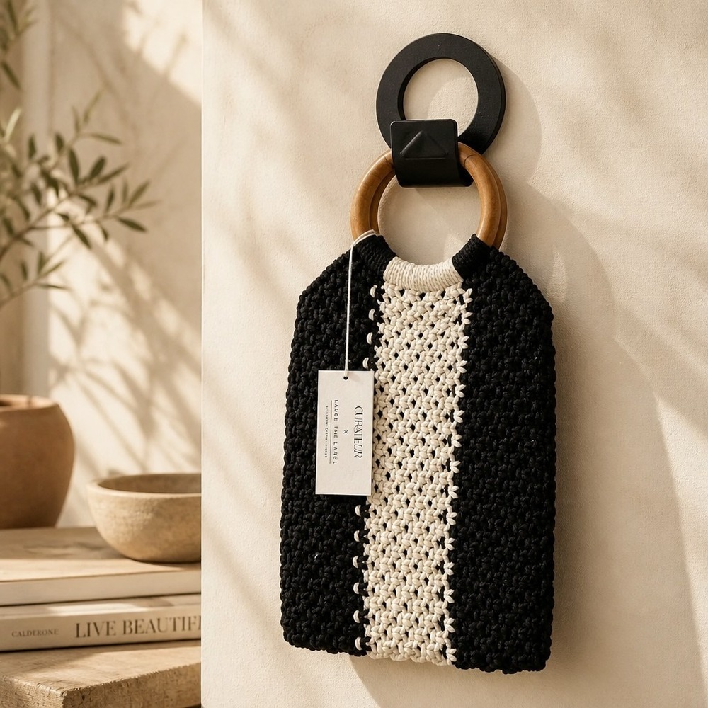 Curateur x LAUDE the Label Macrame Handbag with Wood Handles NEW with Tags
